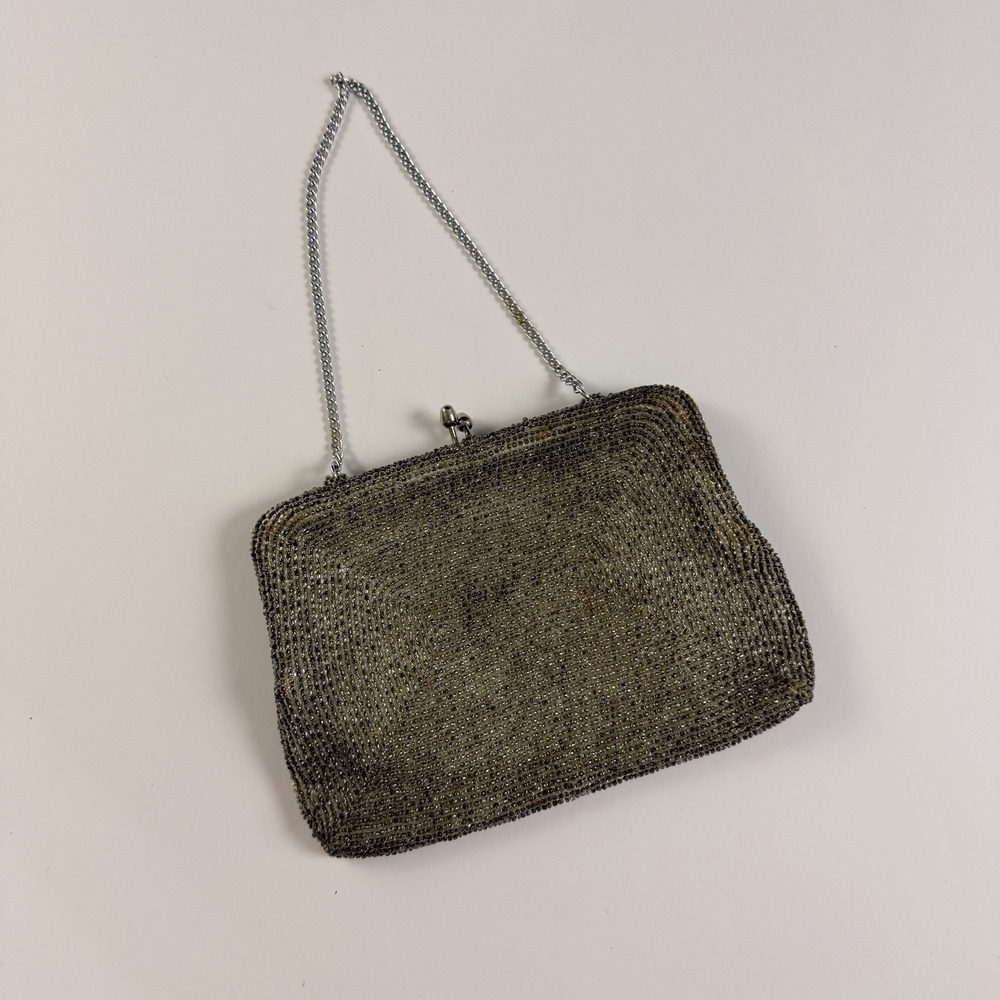 Vintage Silver Beaded Clutch Purse Kiss Lock Handmade in Japan Evening Bag